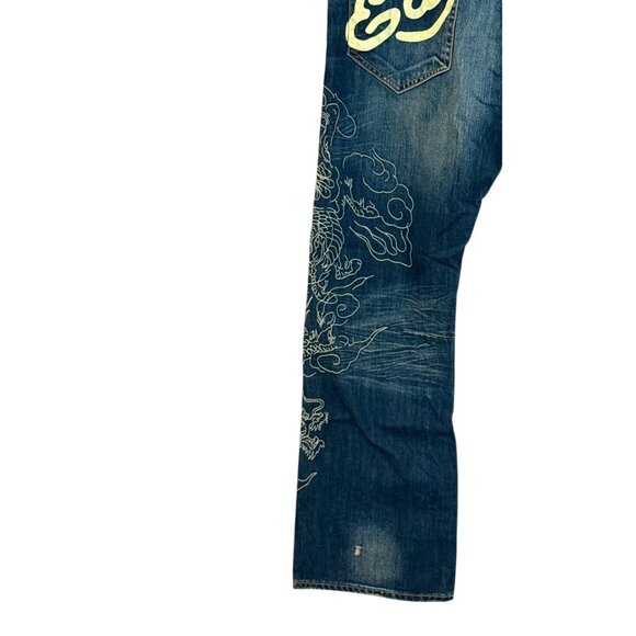 Ed Hardy by Christian Audigier Men's Dragon Embroidered Jeans Distressed Blue Si - Picture 7 of 11